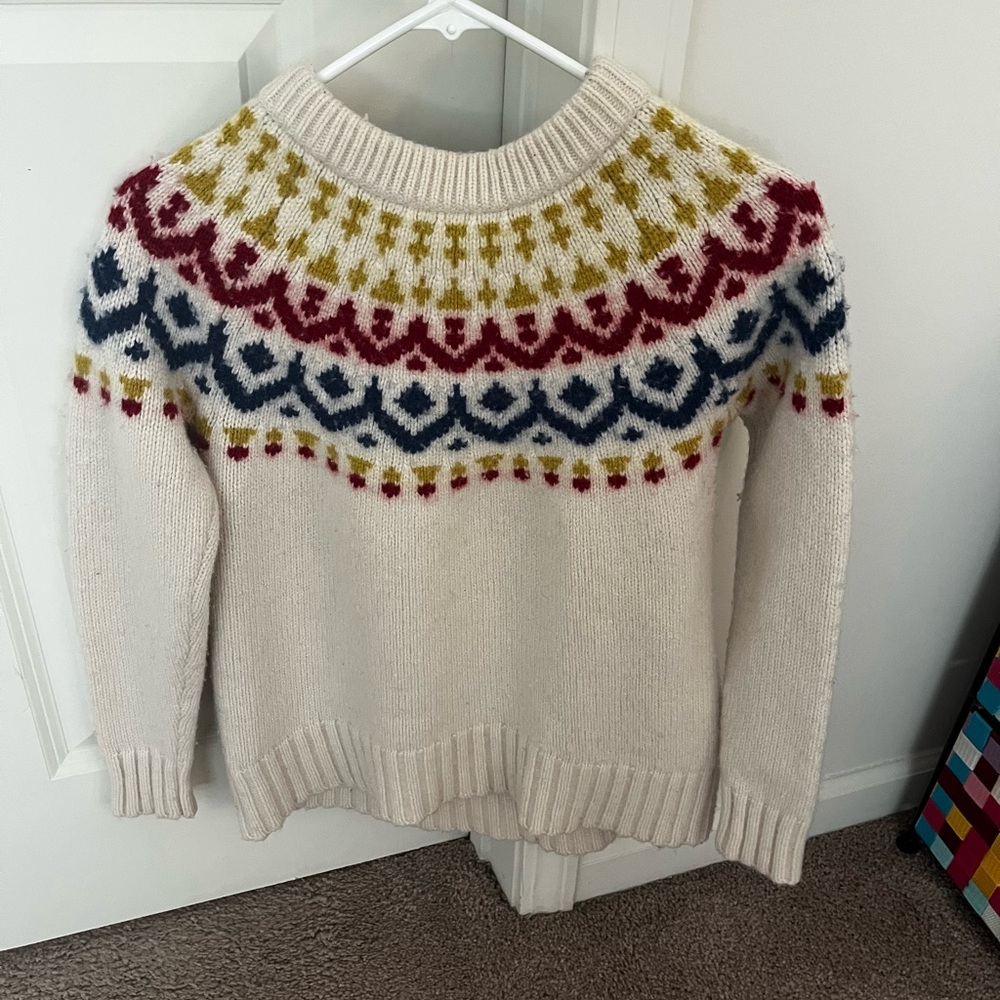 J. Crew Cream Sweater with Red, Blue, and Yellow Pattern